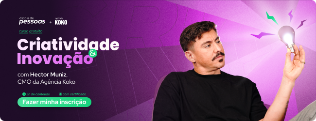 Banner promocional do curso gratuito "Criatividade & Inovação" com Hector Muniz, CMO da Agência Koko. À esquerda, texto em destaque com fundo roxo e rosa; à direita, Hector segura uma lâmpada brilhando, simbolizando uma ideia. Botão verde com a frase "Fazer minha inscrição". Curso com 3h de conteúdo e certificado.