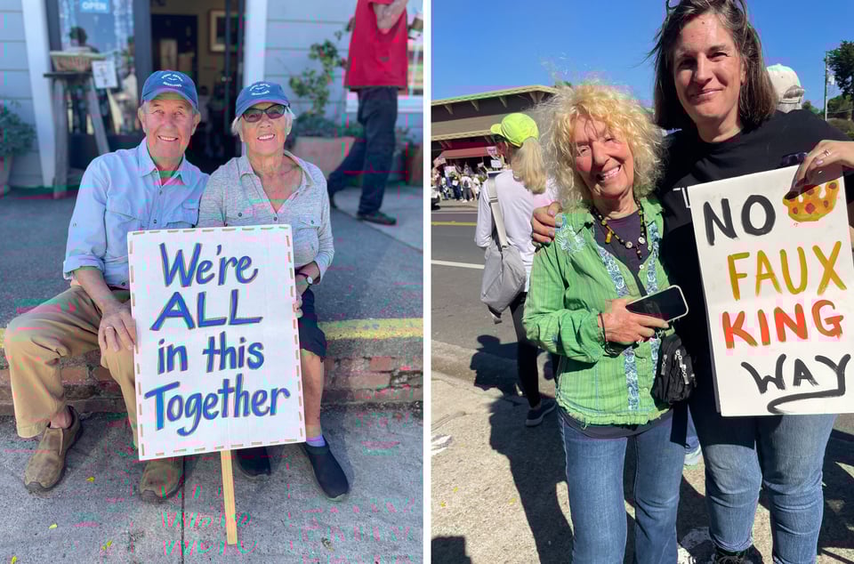 Two photos - left hand two people sitting next to a sign "We're all in this together". Right hand two people smile at the camera with a sign "No Faux King Way"