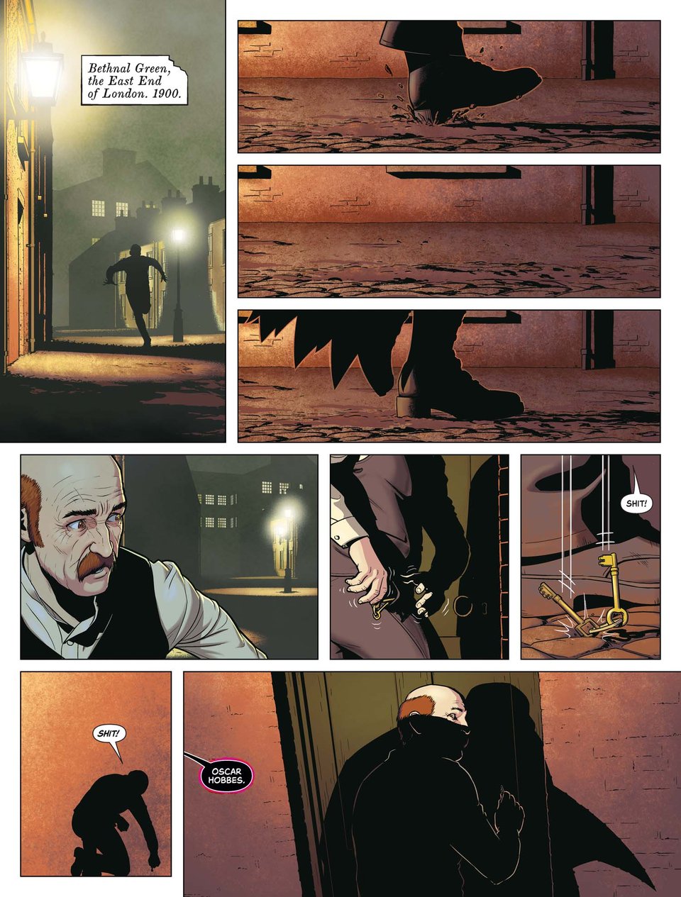 A man runs through the streets of the East End of London on a foggy night, seemingly scared for his life. As he tries to open the door to his home, a shadow falls across him and a voice from off panel calls his name.