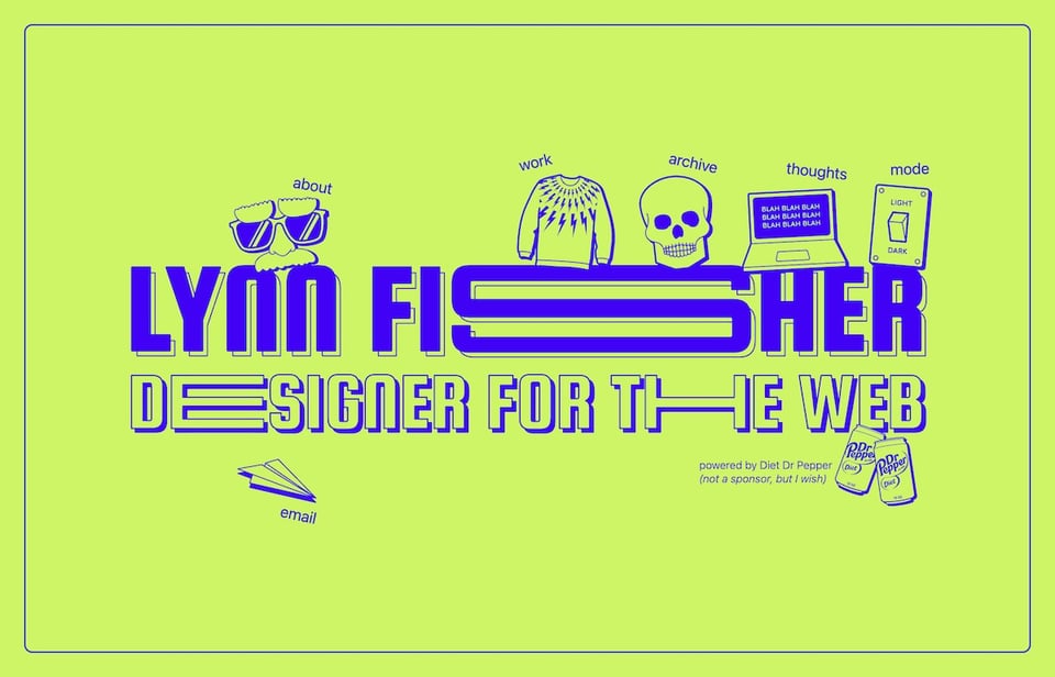 Lynn Fisher’s home page with large letters in the center reading “Lynn Fisher, Designer for the Web“ and several navigation links, each with a comic style illustration like a sweater, a skull, a laptop, or a light switch.