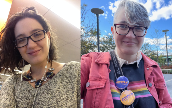 Two selfies side by side: the left is me in 2015, with moderately femme styling (a messy bob, v-neck sweater, and chunky necklace); me in 2015 with much harder to classify styling (an undercut, a jacket and rainbow sweatshirt over a collard shirt, bright buttons for Zohran Mamdani's campaign).