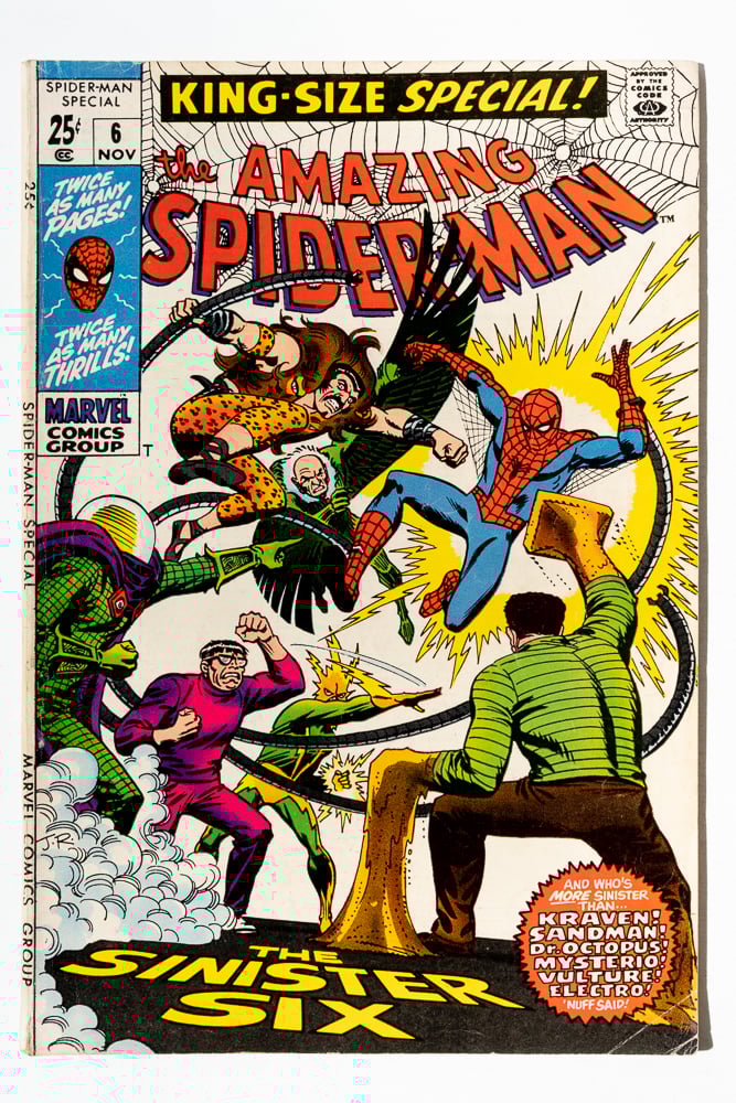 The cover of Amazing Spider-Man King-Size Special 6 featuring Spider-man battling the Sinister Six. The drawing is by John Buscema