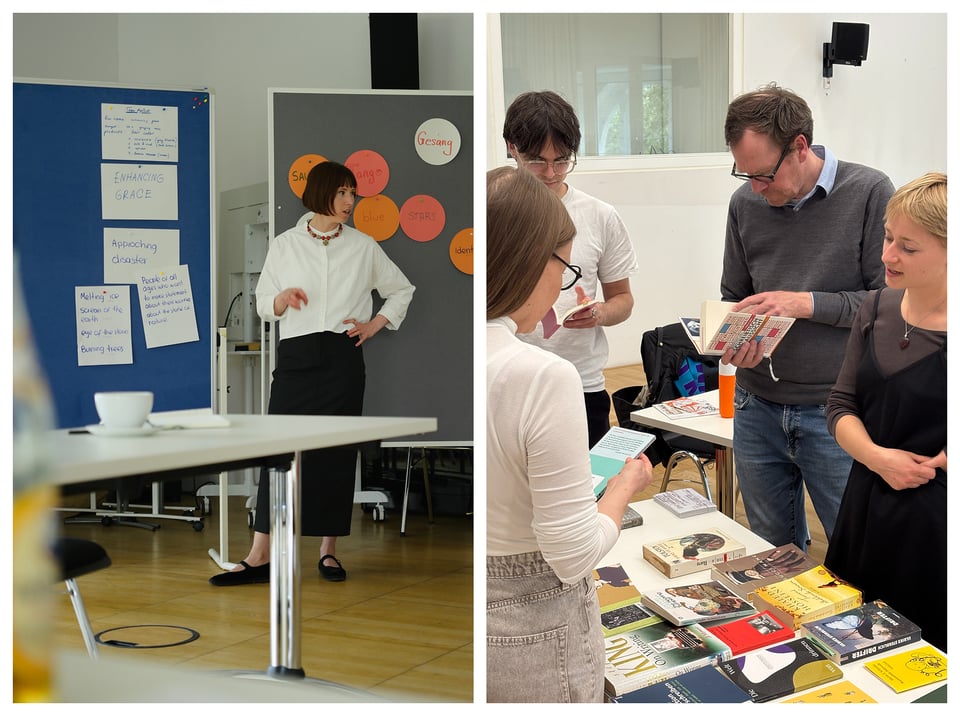 Two photos: A female workshop participant presenting her work, and people gathered around a table of books, reading and discussing
