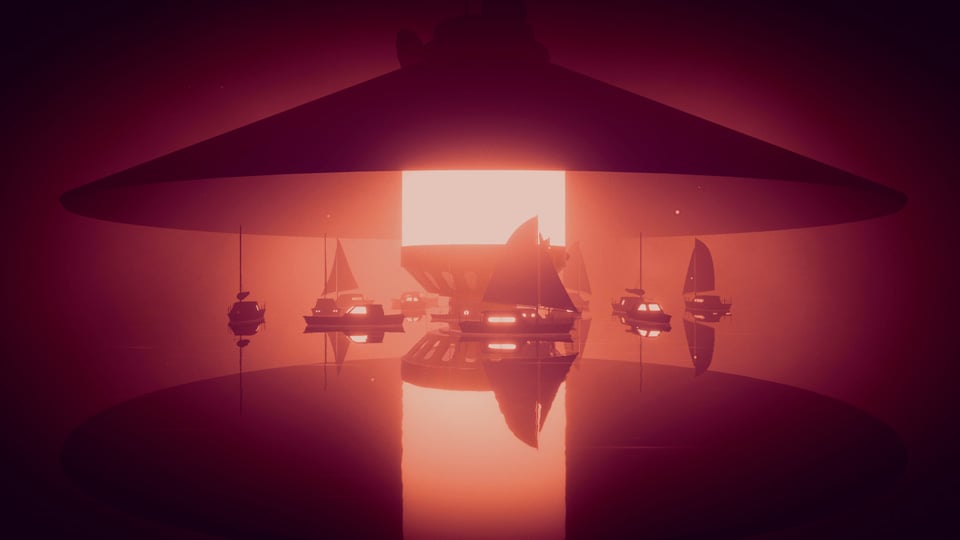 small boats cluster around a giant heat structure