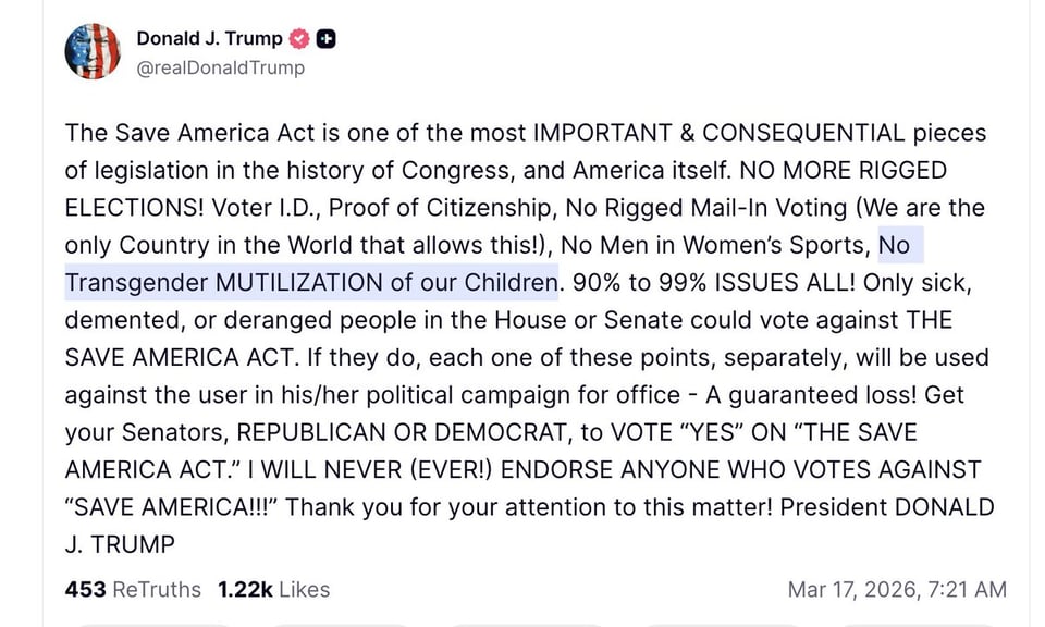Trump doesn’t stop pushing for this anti-democracy bill or threatening those who thwart him.