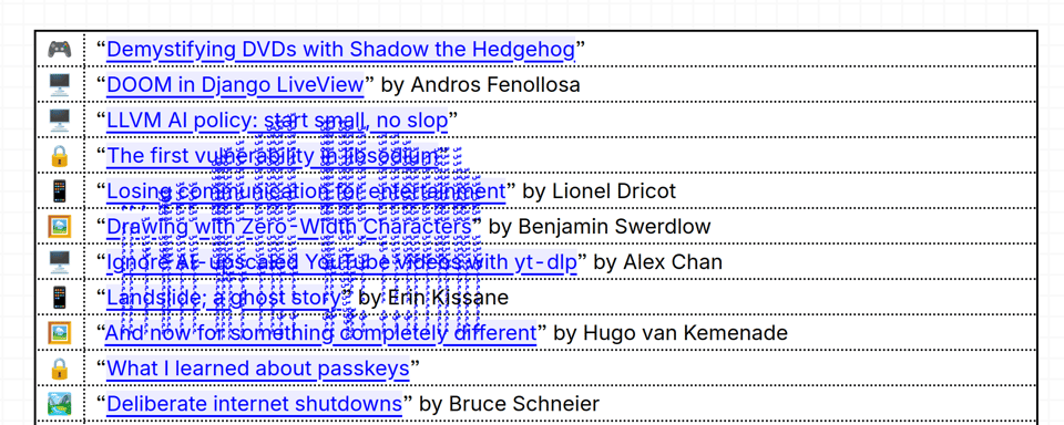 Blogroll featuring many other blogs, but a single blog title appears heavily corrupted, covering all the other parts of the screen with garbled demon-text.