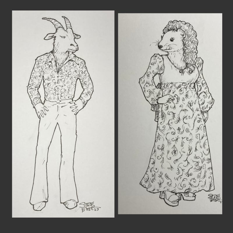 Side by side ink drawings of a goat and a stoat wearing fashionable 1970s outfits