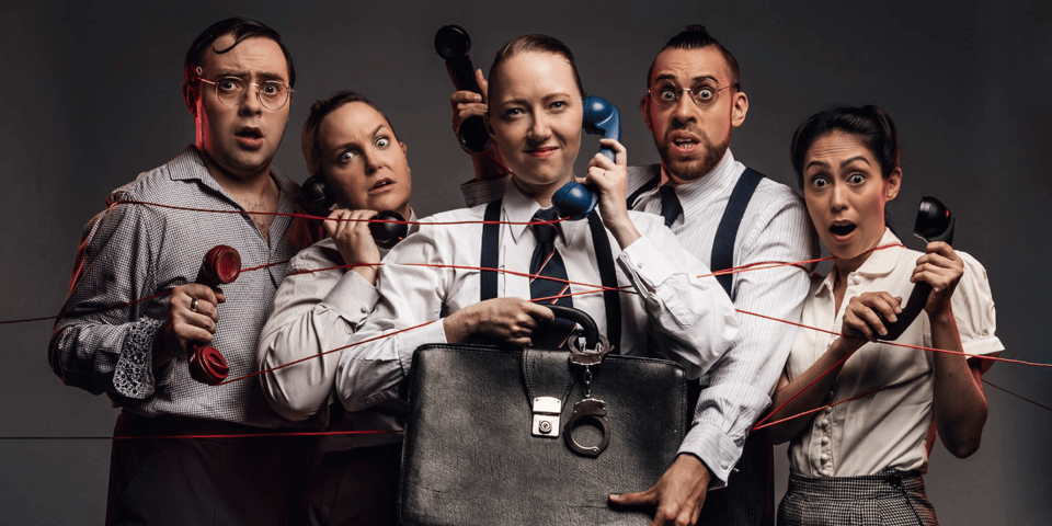 The cast of Operation Mincemeat, tied up in phone wires.