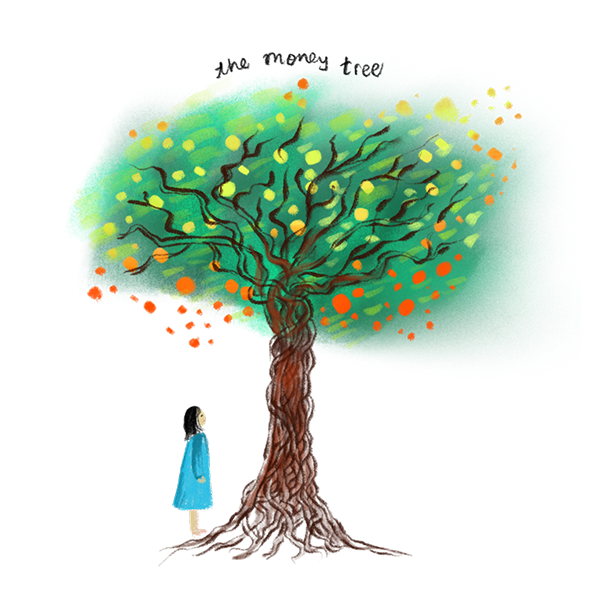girl looking at money tree
