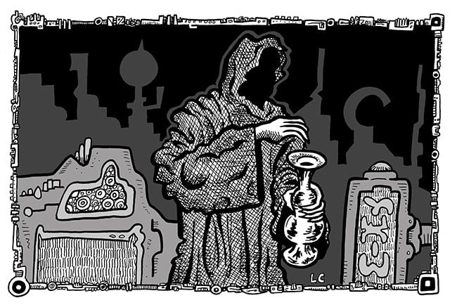 A black-and-white drawing of a hooded figure in a wrinkled cloak. He holds one hand open over a vase-like object, as though he may be dropping something into it; he holds the vase with his other hand. There are alien machines in the background. 