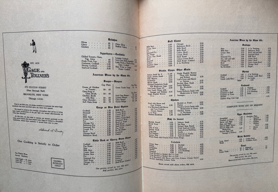1960s menu for Gage & Tollner's restaurant in Brooklyn reprinted in book A Treasury of Great Recipes by Mary and Vincent Price