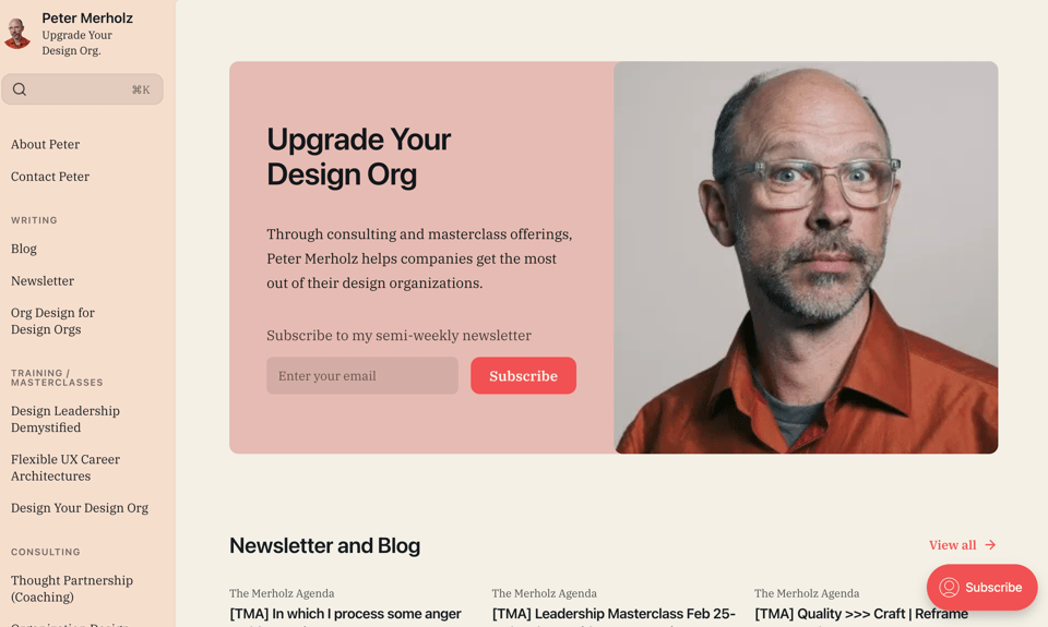 Screenshot of a homepage-in-progress at https://peter-merholz.ghost.io/