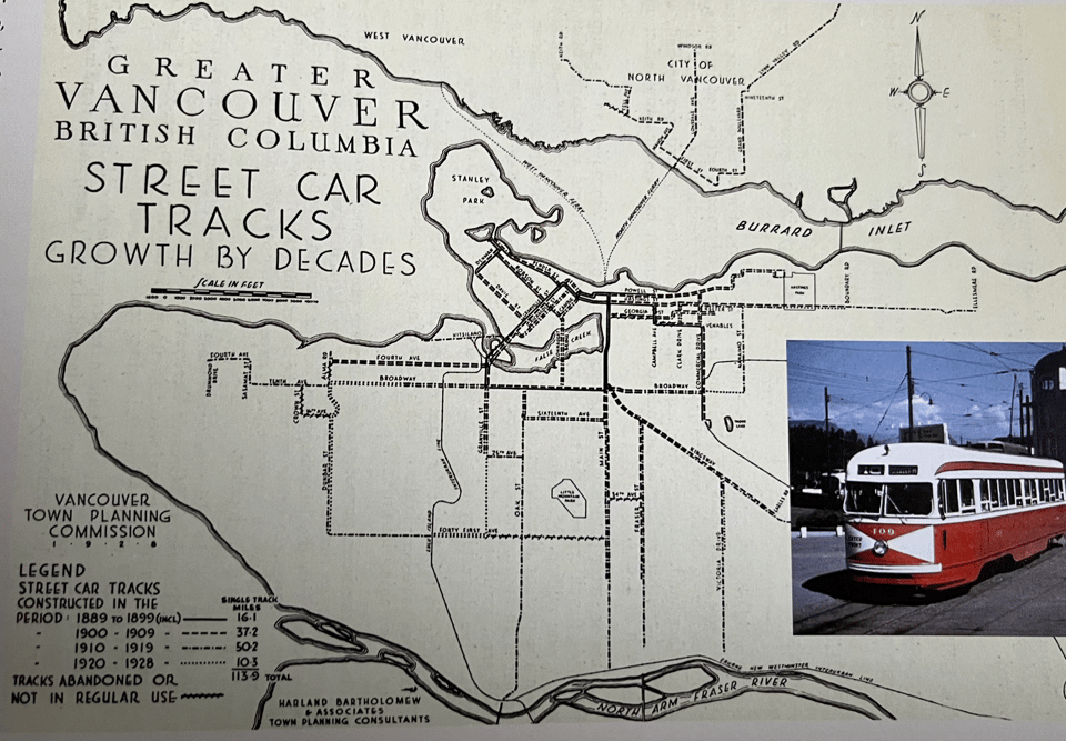 Map of "Greater Vancouver British Columbia Street Car Tracks Growth by Decades"