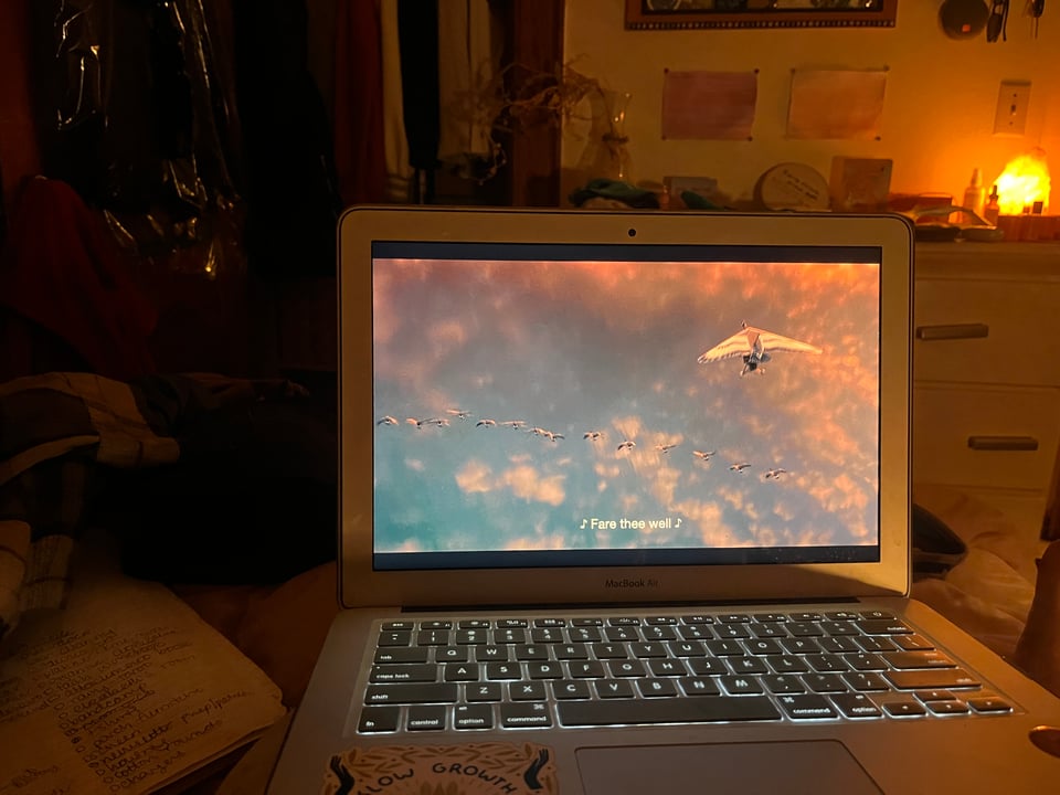 cozy mood lighting movie night with Fly Away Home shot of geese in a pink/blue sunset on the laptop screen and glowing salt lamp in the background