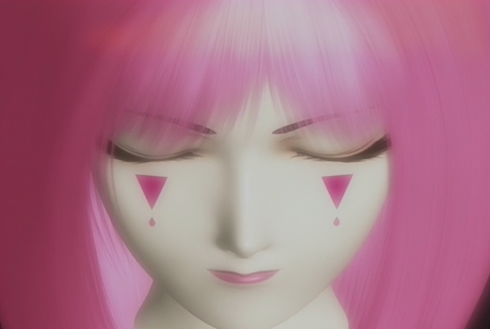 Pink-haired girl with painted cheeks like a harlequin doll