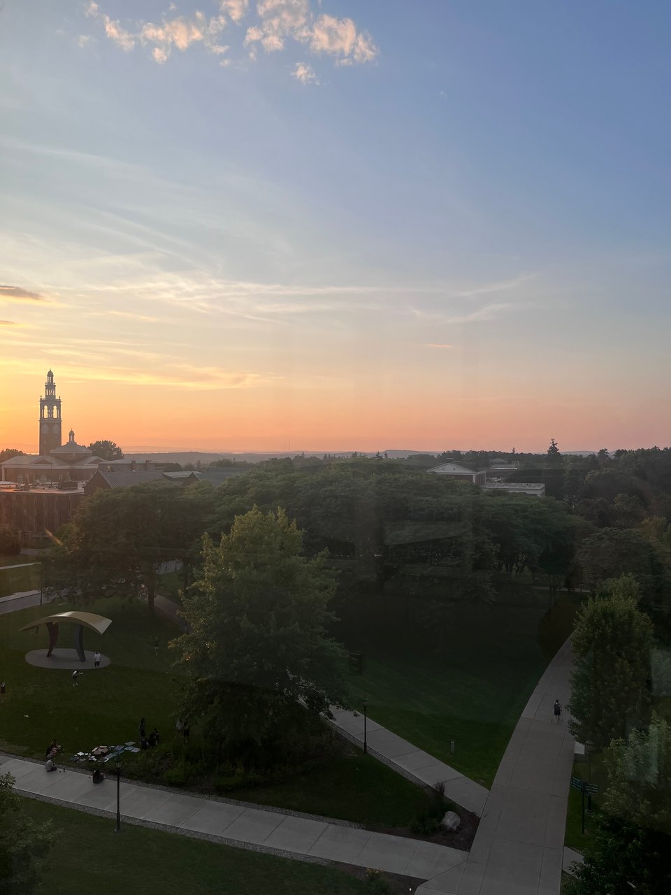 A sunset photograph illuminating the University of Vermont campus.