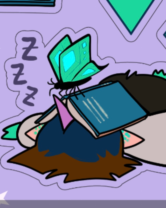 Ellie is sleeping with a book on her face.