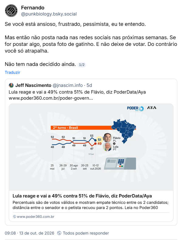 Post de Fernando (@punkbiology.bsky.social): Se você está ansioso, frustrado, pessimista, eu te entendo. Mas então não posta nada nas redes sociais nas próximas semanas. Se for postar algo, posta foto de gatinho. E não deixe de votar. Do contrário você só atrapalha. Não tem nada decidido ainda.
Citação ao post de Jeff Nascimento (@jnascim.info): Lula reage e vai a 49% contra 51% de Flávio, diz PoderData/Aya (link para notícia)