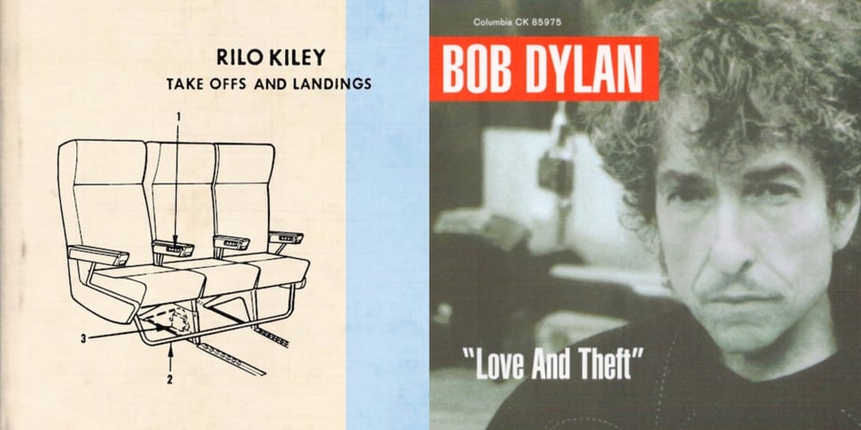 First pic: A pen and ink diagram of three airline seats on a beige background. Arrows point to one of the arm rests, a bar at the bottom that runs across the bottom of all the seats, and to some unidentifiable piece underneath the first chair. Second pic: A black and white close up photo of Bob Dylan, a middle-aged white man with messy, bushy brown hair, a long thin face, and a thin mustache. He looks a bit like Vincent Price. Behind him is a mic and other paraphenalia of a recording studio.