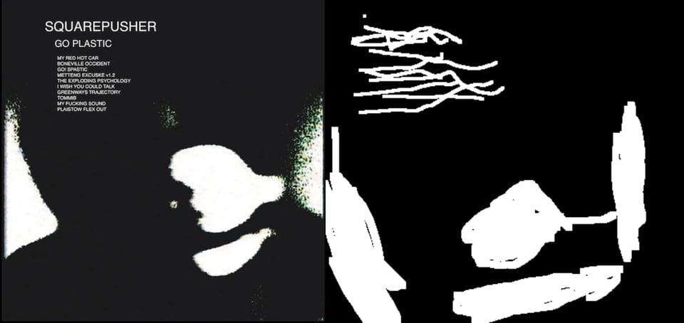 A photo of a televised image of I believe is a human face, probably that of Squarepusher. There's so much contrast that it's mostly one big blob of black with a couple blobs of white for contrast.