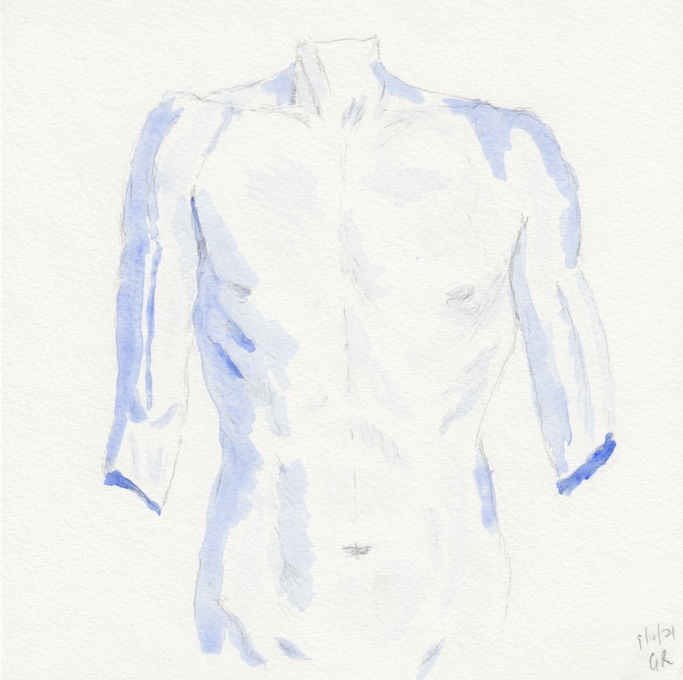 pencil & watercolor sketch of a male torso, as a tribute to Rilke's poem, "Archaic Torso of Apollo"