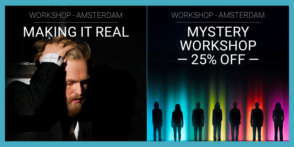 a banner with left an actor brushing hair from his face, and right 7 black silhouettes against colorful backdrop