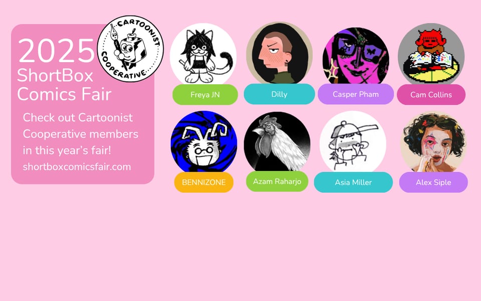 A second pink graphic announcing more Co-op members who are participating in ShortBox Comics Fair 2025. The names are: Freya JN, Dilly, Casper Pham, Cam Collins, Bennizone, Azam Raharjo, Asia Miller, and Alex Siple.