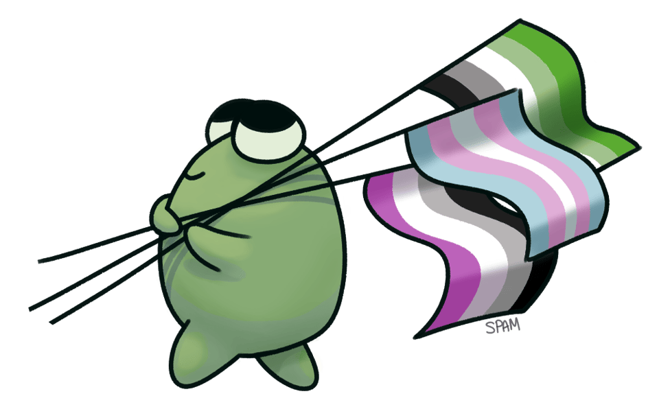 happy frog walking holding three pride flags. aromantic, asexual and transgender flags.