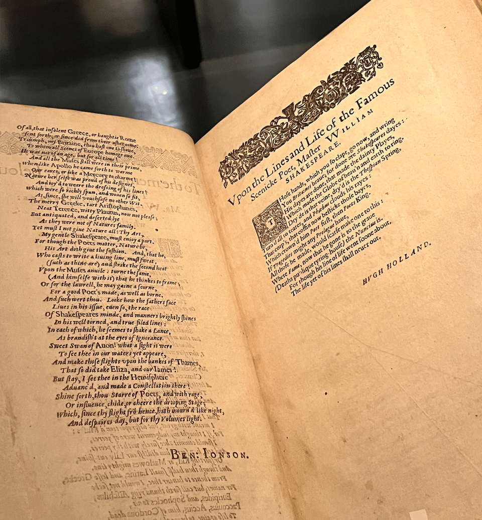 A photo of the front material of Shakespeare's First Folio at Senate House Library, including poems by Ben Jonson and Hugh Holland about Shakespeare