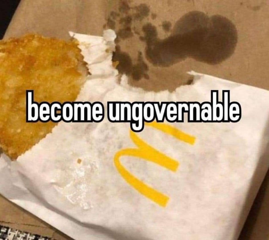 A photo of a McDonald's hashbrown with a bite taken out of the side of the hashbrown through the paper sleeve it comes in. Overlaid is the text "become ungovernable".