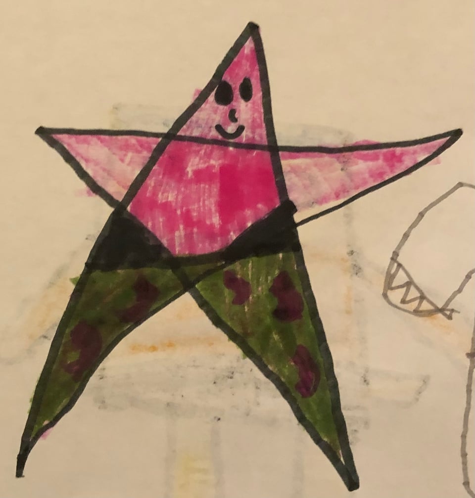 A drawing of Patrick from Spongebob, but it looks like he's wearing thigh-highs.