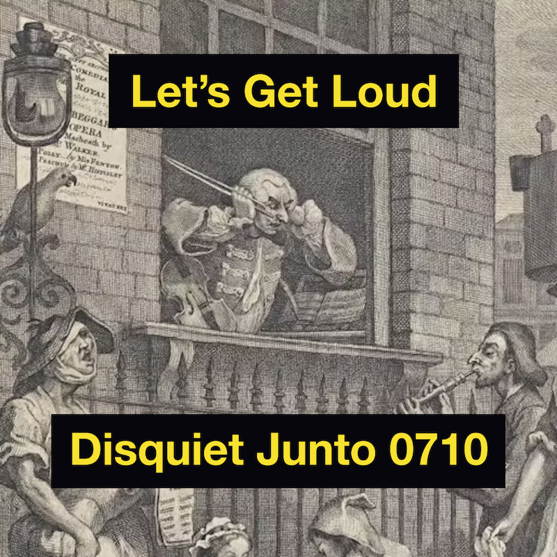 An old drawing of a violinist looking out the window at a noisy street scene while holding his fingers to his ears, plus the name and number of the project