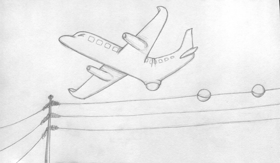 A pencil drawing of an airplane flying low over power lines. The plane's position is similar to a bird laying an egg: bent at the lower back, abdomen lowered, cloaca stretched open as a round egg emerges. Its eye is squeezed shut in effort. The egg is about to be deposited on the power line, which already holds two round eggs that look exactly like the visibility markers you may have seen on power lines before.