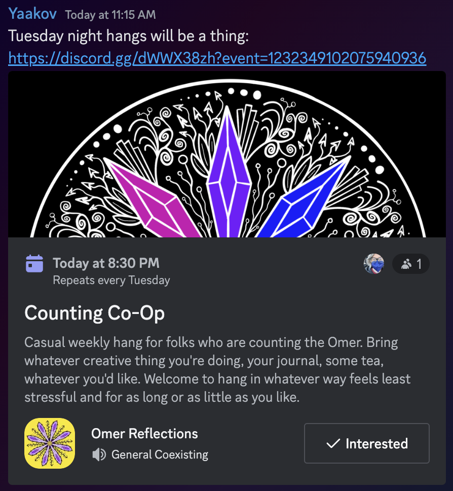 Screenshot of Discord event listing for Tuesday evening Discord hangouts
