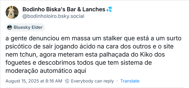A imagem mostra post do Bodinho Biska's Bar & Lanches💦 (@bodinholoiro.bsky.social) com o texto: a gente denunciou em massa um stalker que está a um surto psicótico de sair jogando ácido na cara dos outros e o site nem tchun, agora meteram esta palhaçada do Kiko dos foguetes e descobrimos todos que tem sistema de moderação automático aqui