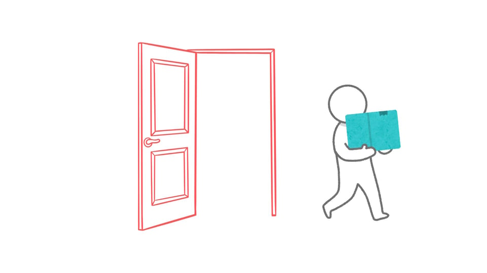 An illustrated person carrying a box through an open door.