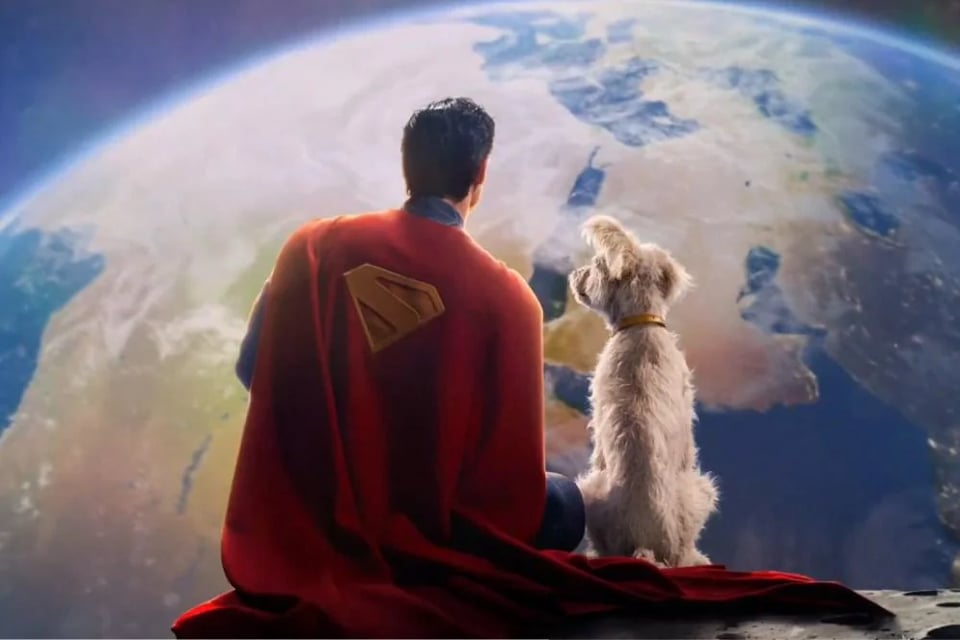 superman, with his back to us, looking at earth next to krypto