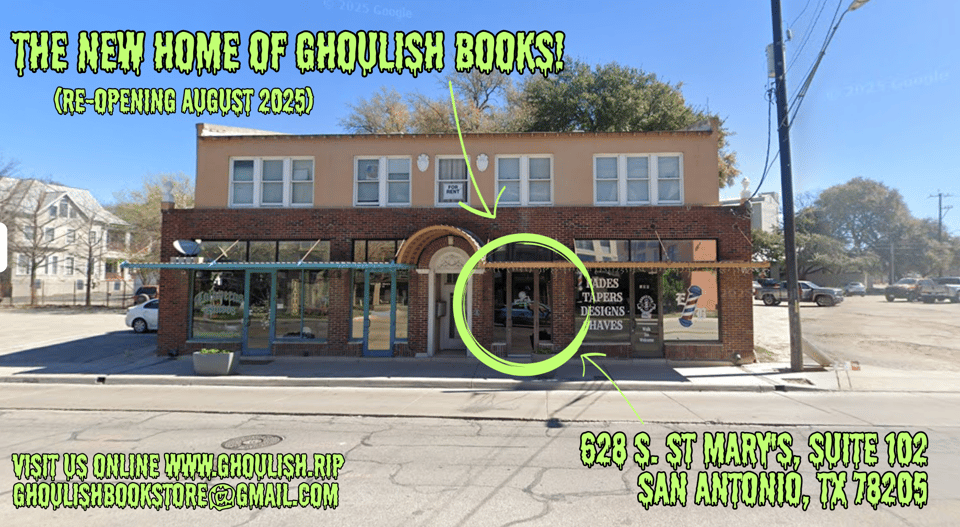 an image of a historical building in san antonio. on the left is a tattoo shop. on the right is a barbershop. between them is the spot for our new bookstore. above the shops are apartments.