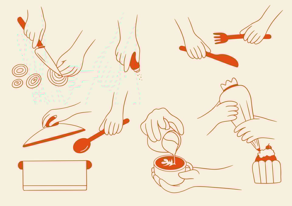 icon illustrations of hands doing various activities with cooking and baking