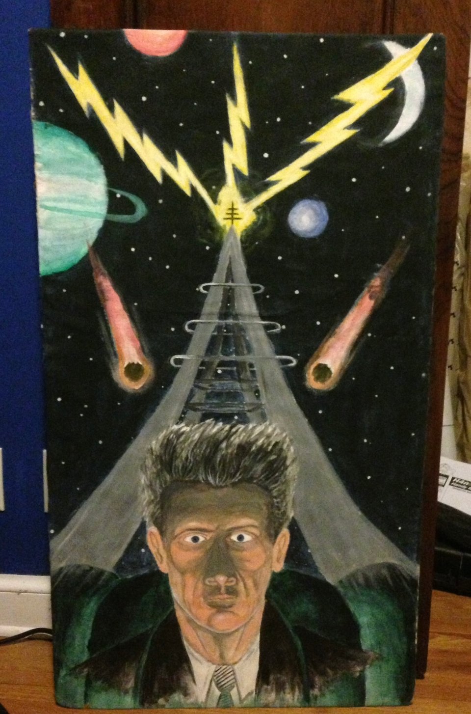 A rough acrylic painting of a man with tall grey hair and a big antenna growing out of his head shooting lightning into the cosmos