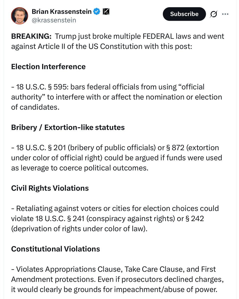 What laws are violated by Trump’s threats about the NYC election. 