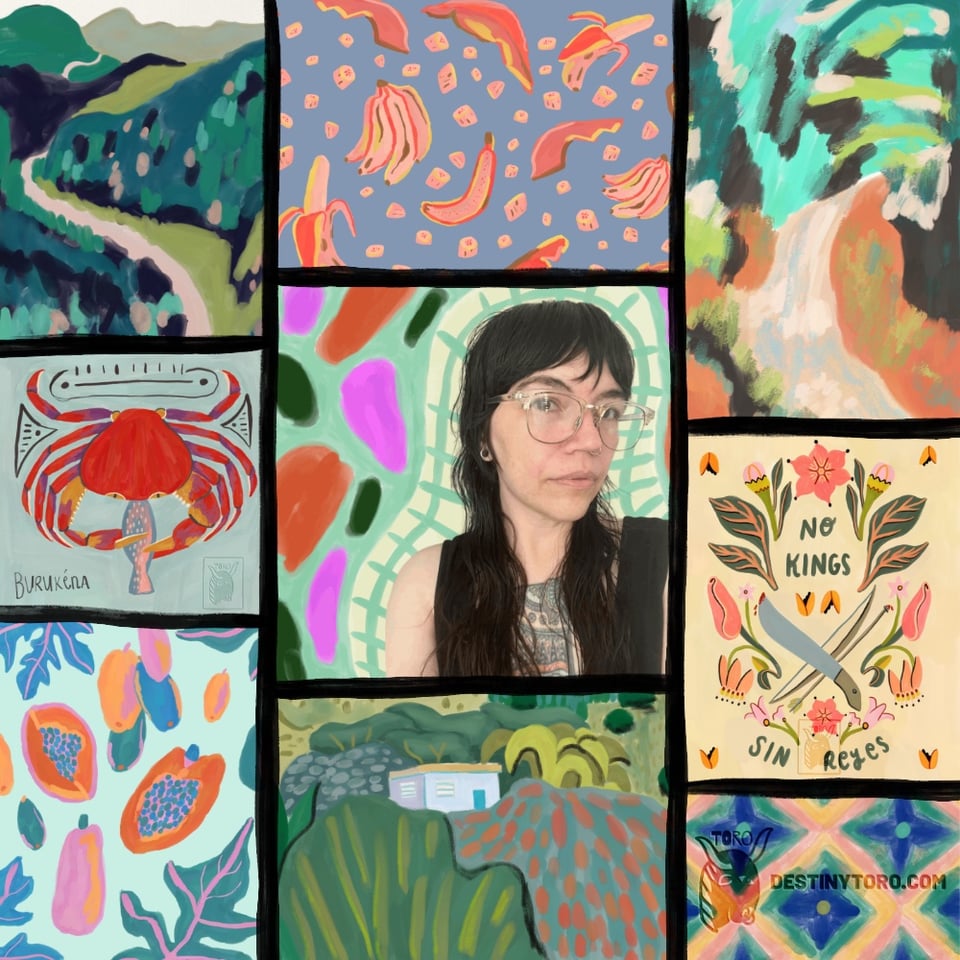 Photo of TORO on a colorful illustrated background, surrounded by 8 colorful illustrations