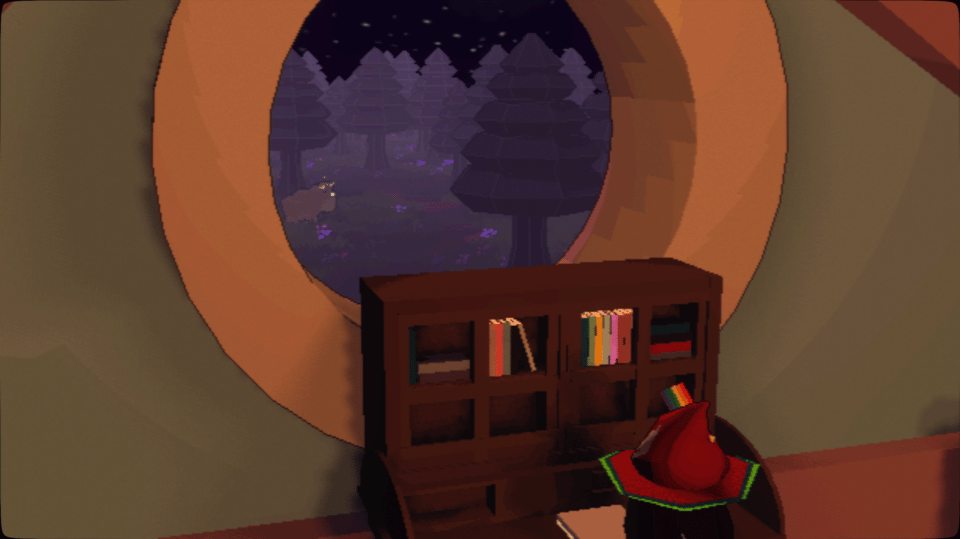 A screenshot of a Play Station 1 style video game. A witch with a red hat and green trim reads a book in front of a bookcase. The bookcase is in front of a circular window looking out into the forest.
