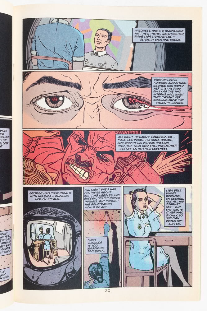 a page from "Tainted" by Al Davison. Davison's mostly realistic style is distorted in this flashback