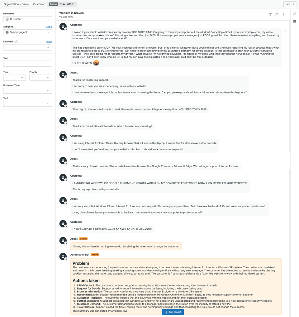 A support ticket where the customer was unhappy with IE6 crashing each time they accessed the website. The agent went back and forth with the customer before eventually closing the ticket. Nova summarised the discussion.