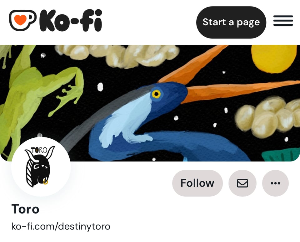 Screenshot of the header of my Ko-fi page with the link to ko-fi.com/destinytoro