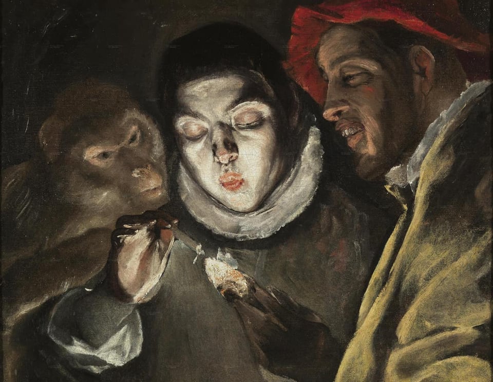 A painting of a boy lighting a candle, facing the viewer. Over his right shoulder, a monkey looks intently at the lit candle. On his left, a "fool" man with a red hat and a goofy toothy smile also gazes at the candlelight.