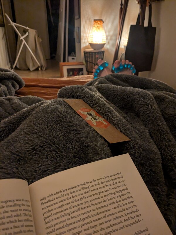 A POV photo taken while lying down under a blanket reading a book. Two bare feet sporting toe separators protrude from under the blanket.