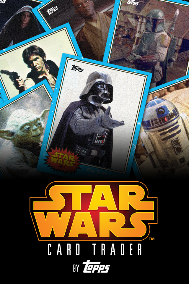the original app splash screen for star wars card trader by topps, showing a bunch of star wars trading cards against the app logo on black