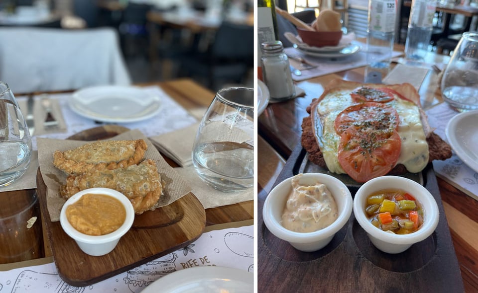 Two photos next to each other. Fried empanadas on the left, a milanesa napolitana on the right.